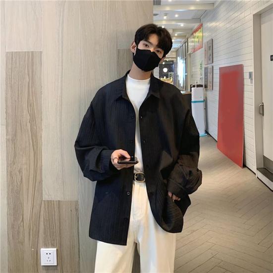 Мужская рубашка свободного кроя, однотонный кардиган с отложным воротником, однобортный, осенне-весенний топ, рубашка средней длины в уличном стиле