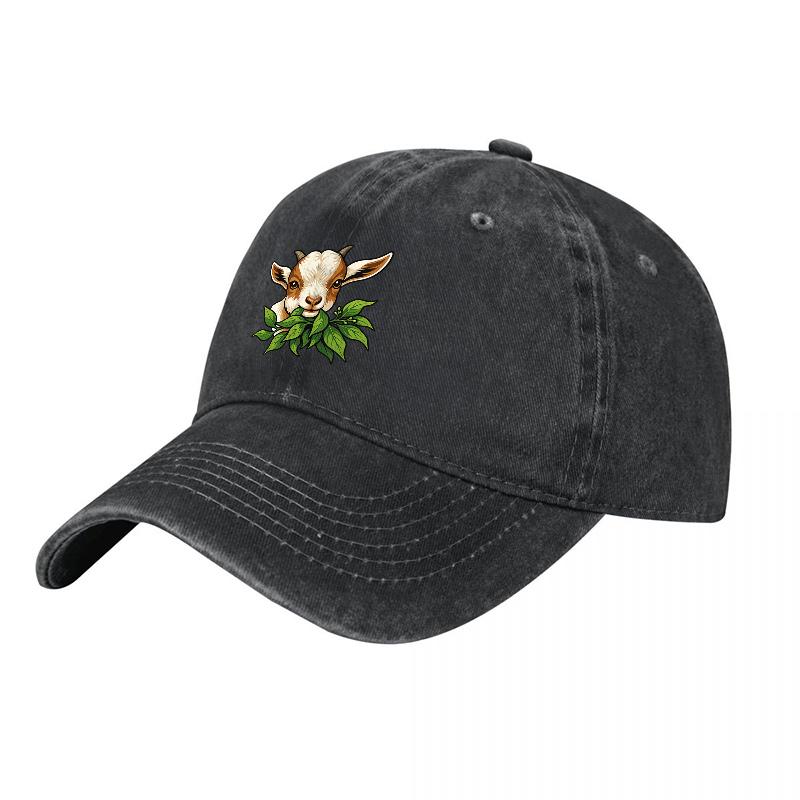Goat Face Embroidered Washed Cotton Baseball Cap Classic Black Adjustable Hat with Green Leaves Design for Unisex and Women
