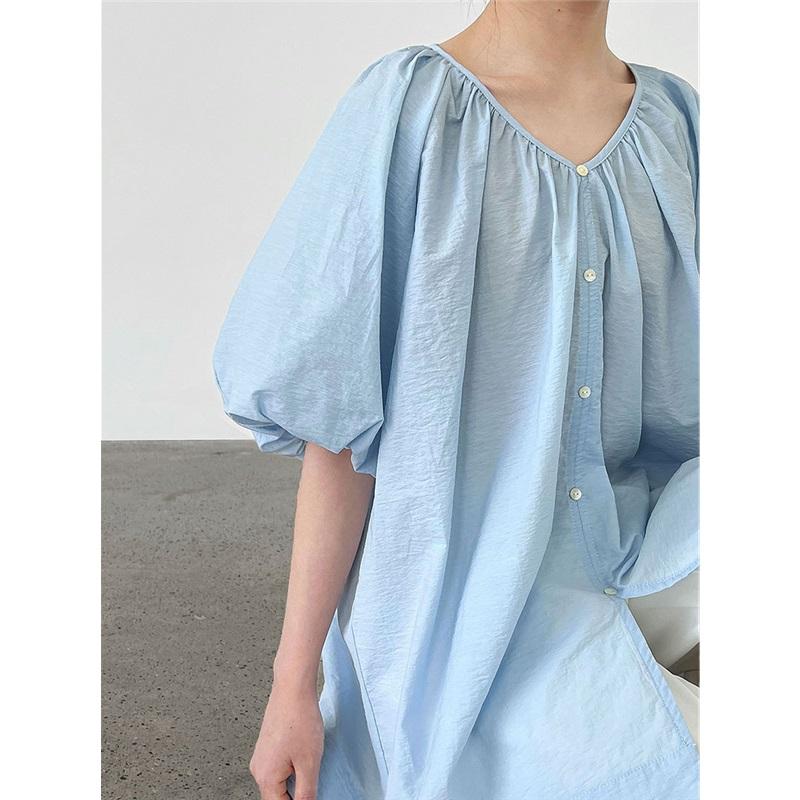 Французская рубашка с V-образным вырезом и свободными рукавами-буфами для женщин, летний двусторонний кардиган, повседневный топ, блузка свободного кроя, удобная женская рубашка, стильный топ