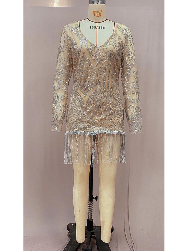 Весеннее европейское и американское платье-миди для пригородных поездок 2025 года с золотыми пайетками и кисточками