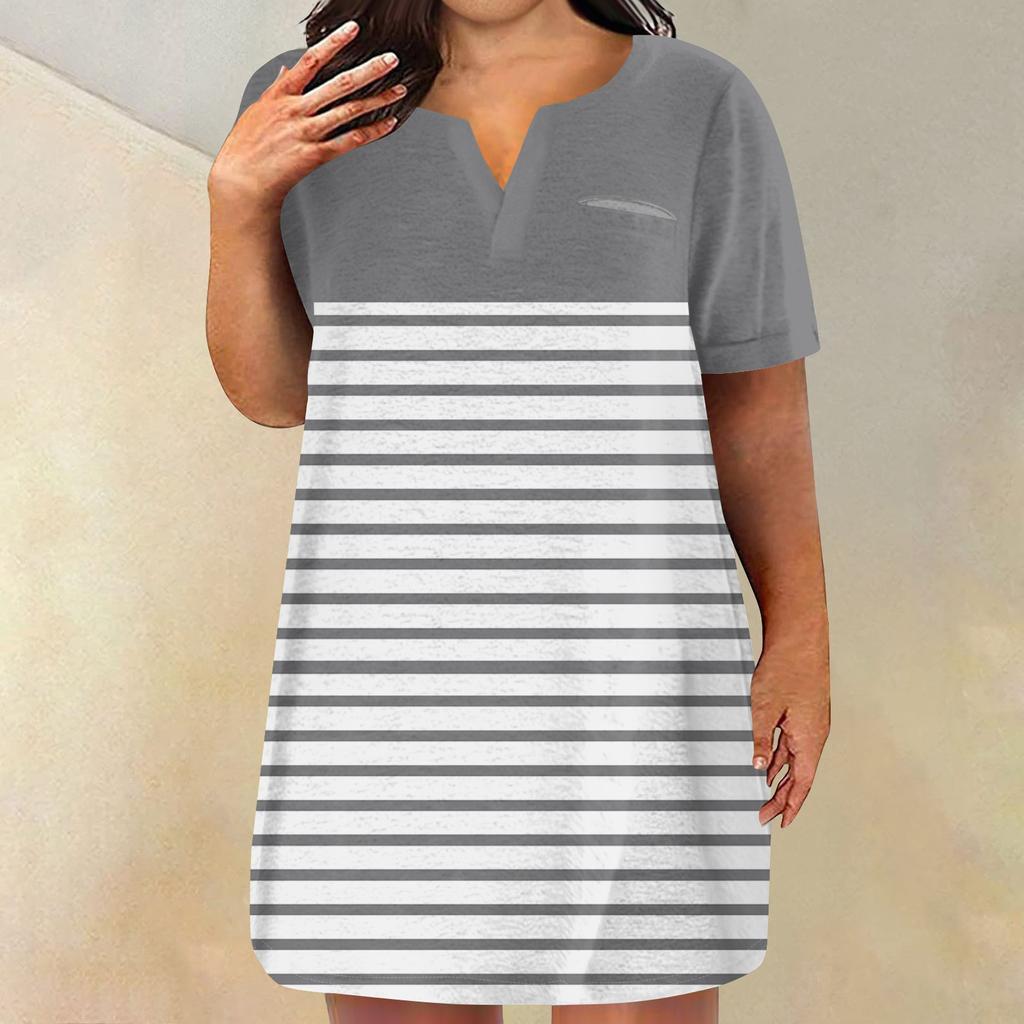 Женские платья больших размеров с V-образным вырезом и коротким рукавом, летнее повседневное однотонное платье-туника с карманом