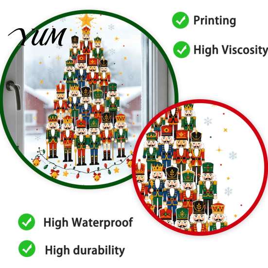 DIY Christmas Window Scene Settings Nutcracker Tree Cling, Glass Sticker with Star Topper & Durable Holiday Home Ornament Decals Colorful Lights,