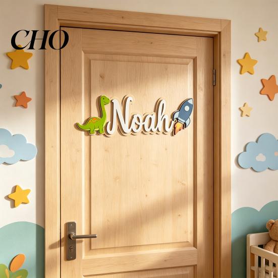 Dinosaur Door Sign Personalized Kids Name Rocket Wooden for Boys Fun Decor Custom Nursery Hanging Wall Bedroom Playroom Soft Color