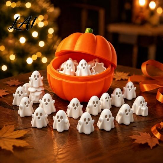 Cute Ghost Figurine Pumpkin Bucket with Mini Ghosts Halloween Candy Bowl Figurines Party Snack Holder for Farmhouse Home Table Centerpiece Desktop