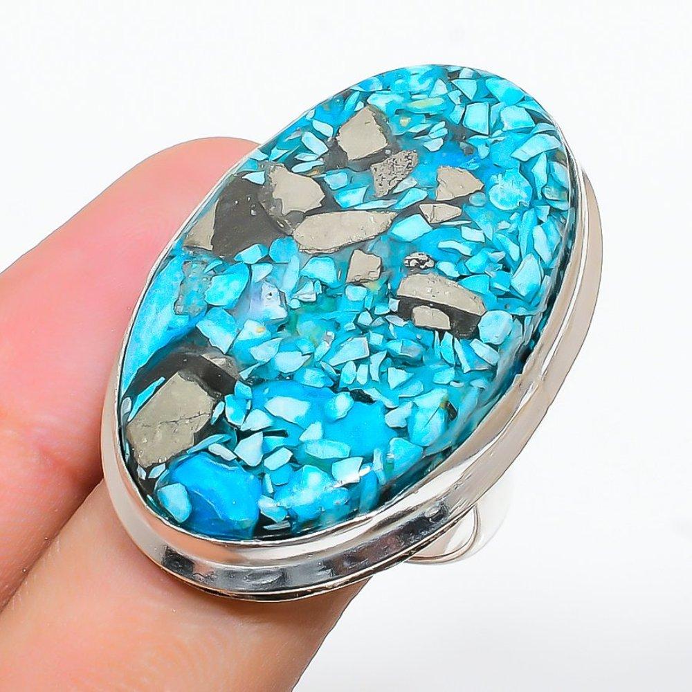 Copper Blue Turquoise Gemstone Handmade 925 Sterling Silver Ring Size 8.5 J1M80