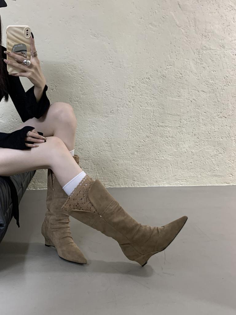 Wedge Heel Boots Children 2025 Autumn and Winter New Pointed Knight Boots Lace Becomes Knee High Boots