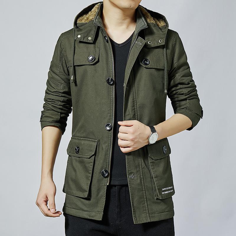 Осень и зима, новая корейская версия повседневной мужской куртки, ворсистый и утолщенный, вымытый чистый хлопок, средний и длинный тренчкот для мужчин