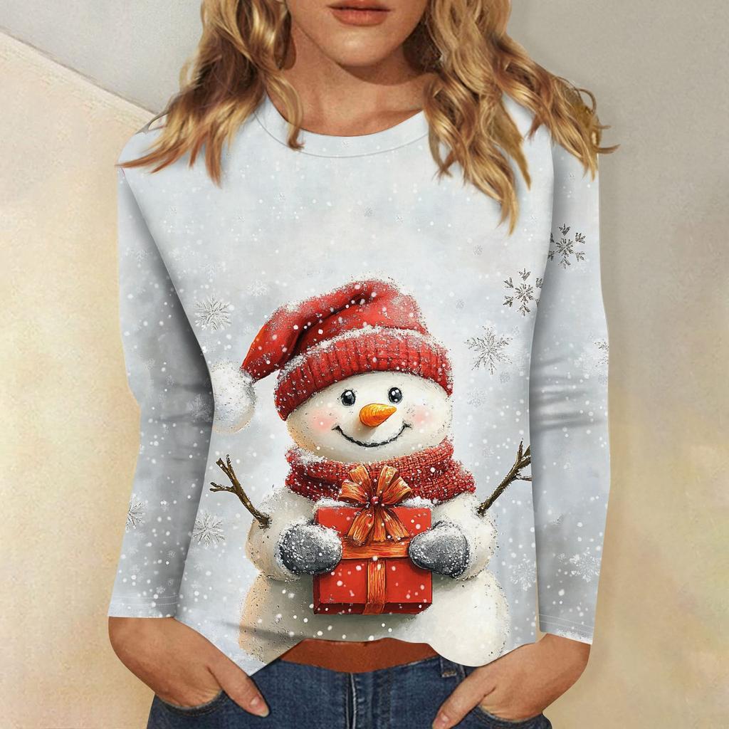 Рубашки с длинным рукавом для женщин Милые принты Футболки Блузки Повседневные Большие размеры Базовые топы Пуловеры Рождественские