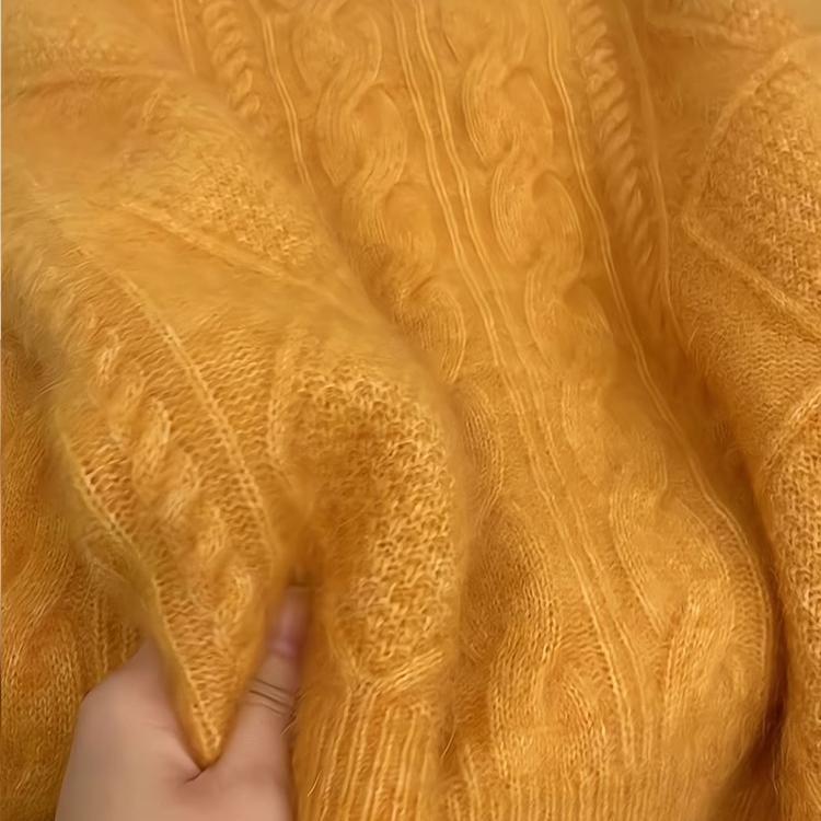 Женский утолщенный пуловер из мохеровой шерсти крупной вязки - оранжевый воротник, мягкий и уютный для осени/зимы