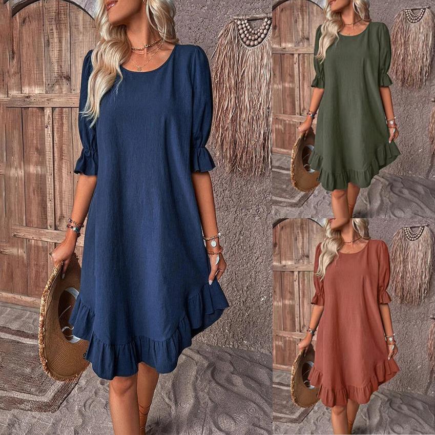 Повседневное среднее свободное хлопково-льняное платье с круглым вырезом на шнуровке