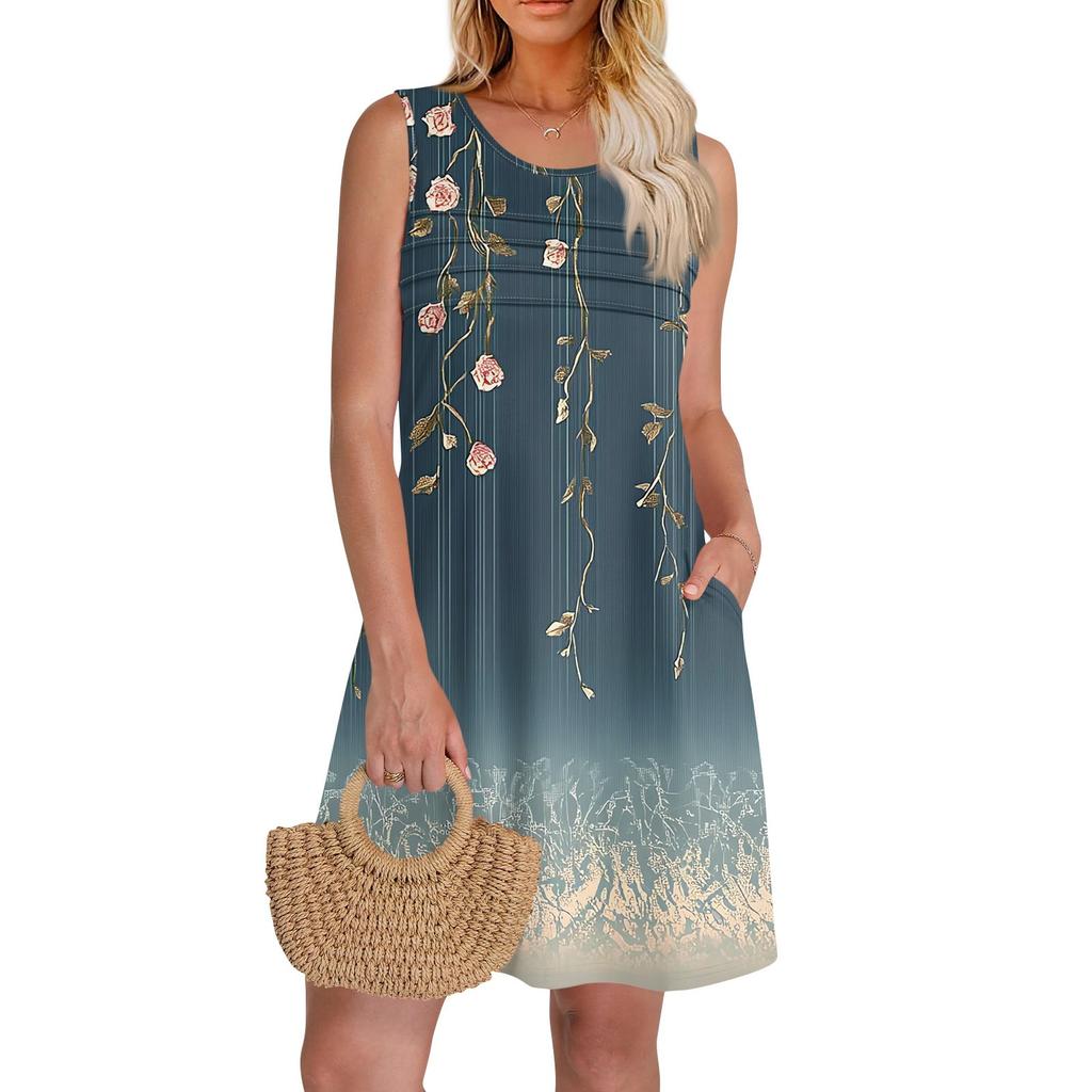 Женские летние платья с круглым вырезом, плиссировкой спереди, без рукавов, карманами, сарафаном, повседневным платьем