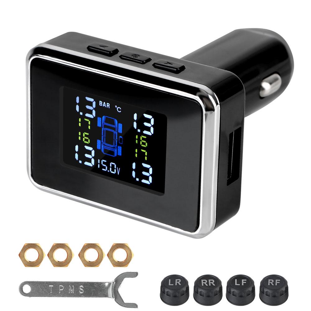 Car TPMS LCD Digital Display Tire Pressure Alarm System Auto Security Alarm Cigarette Lighter Wireless Sensors