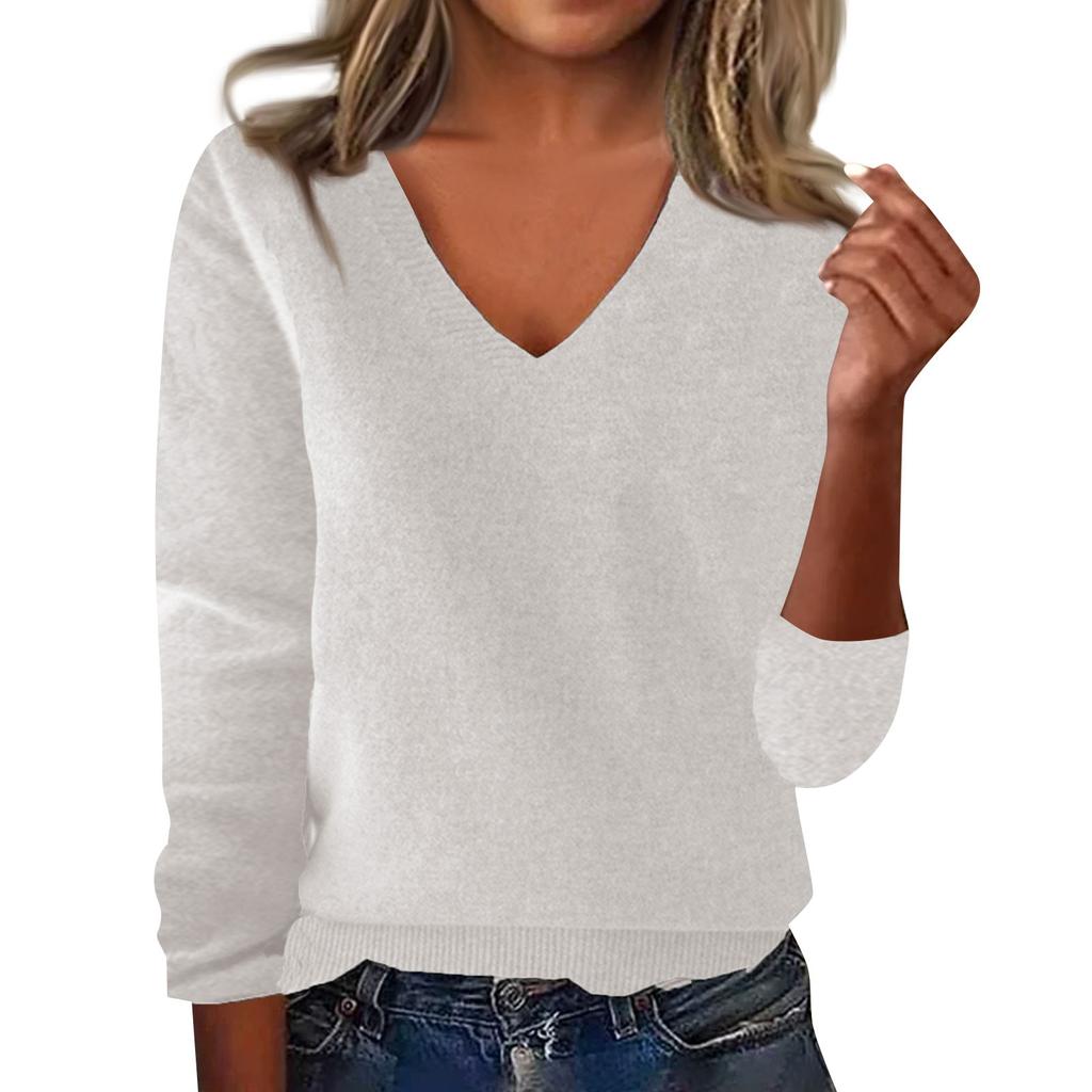 Женская мода свободный V-образный вырез длинный рукав нижняя часть рубашки верх вязаный свитер