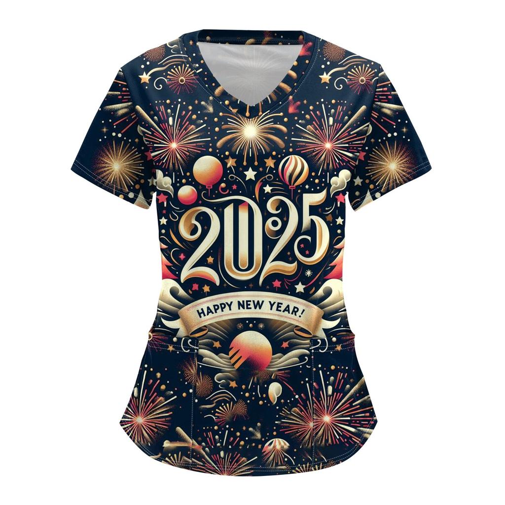 Женский модный комбинезон с V-образным вырезом, короткими рукавами и карманами 2025 года с рождественским принтом