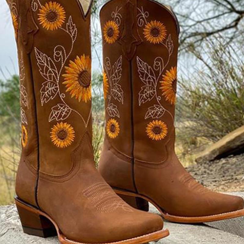 Осенне-зимняя обувь больших размеров на толстом каблуке и женских сапогах с вышивкой на высоком каблуке