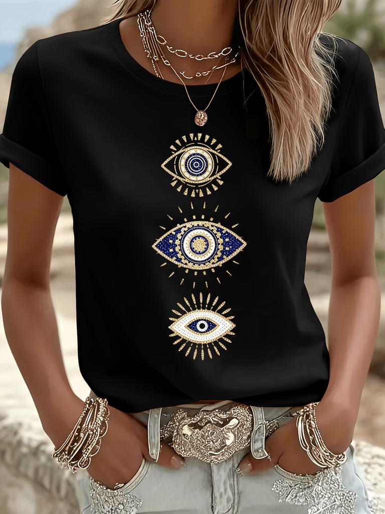 Bohemian Mysterious Eye Pattern Round Neck Short Sleeved Blue Gold Color Casual Daily Versatile Mysterious Style Womens Tshirt
