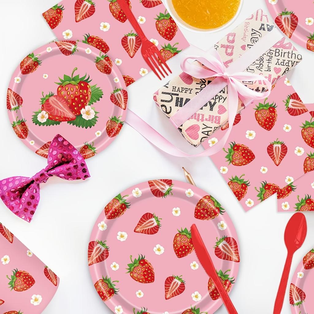 138pcs Strawberry Party Tableware Set Strawberry Theme Birthday Party Decorations Includes Strawberry Paper Plates (7 Inch/9Inch) And Napkins, Knife,