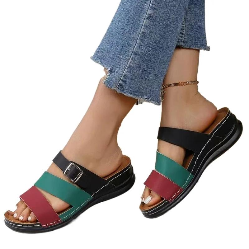 Мода 2025 Лето Открытый Носок Женские Шлепанцы Модная Пряжка на Ремне Уличные Большие Размеры Повседневные Новая Цветовая Гамма Бестселлер Шлепанцы на Платформе