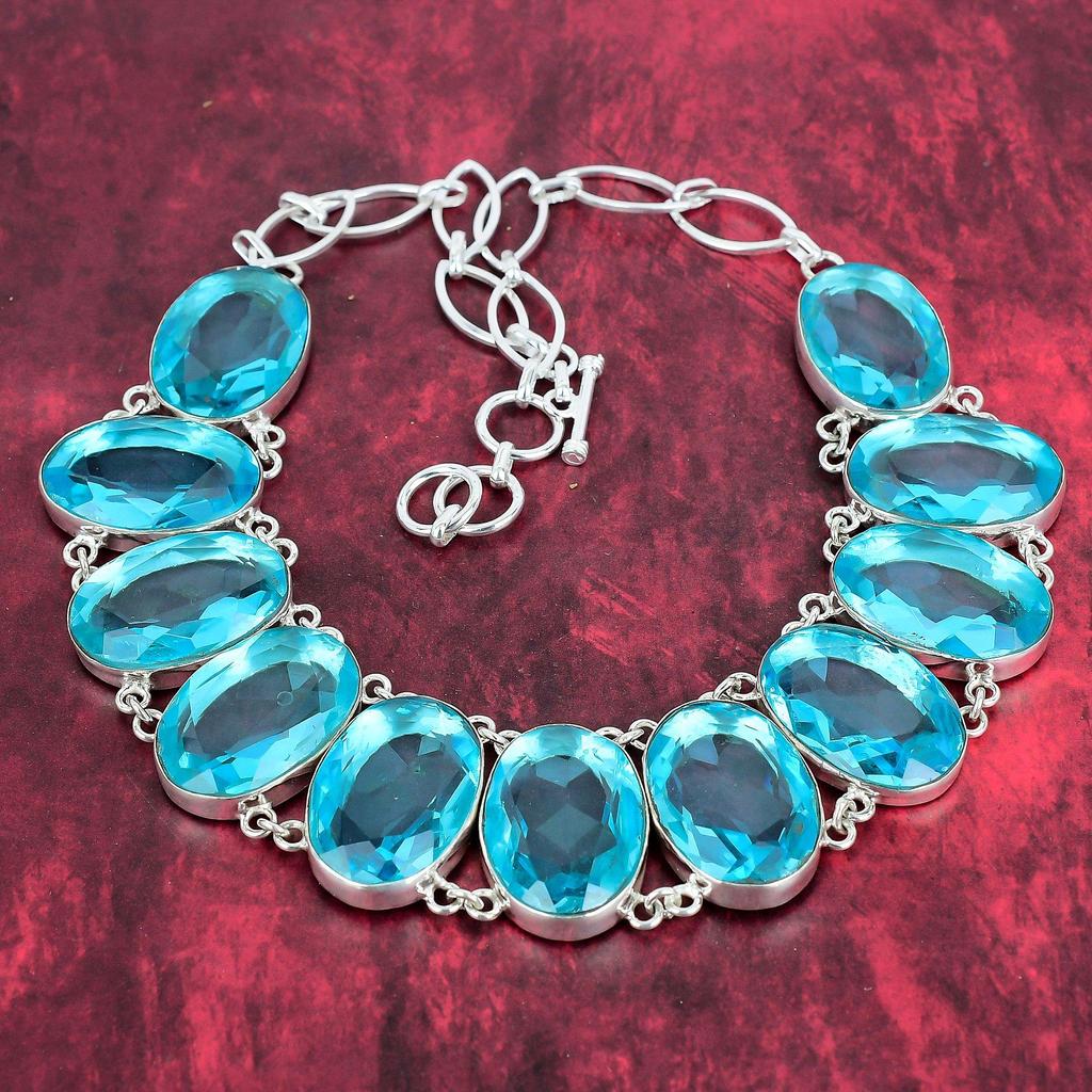 Swiss Blue Topaz 925 Solid Sterling Silver Jewelry Set, Gemstone Necklace & Bracelet Jewelry Set For Her, Anniversary Gift Handmade Jewelry Set