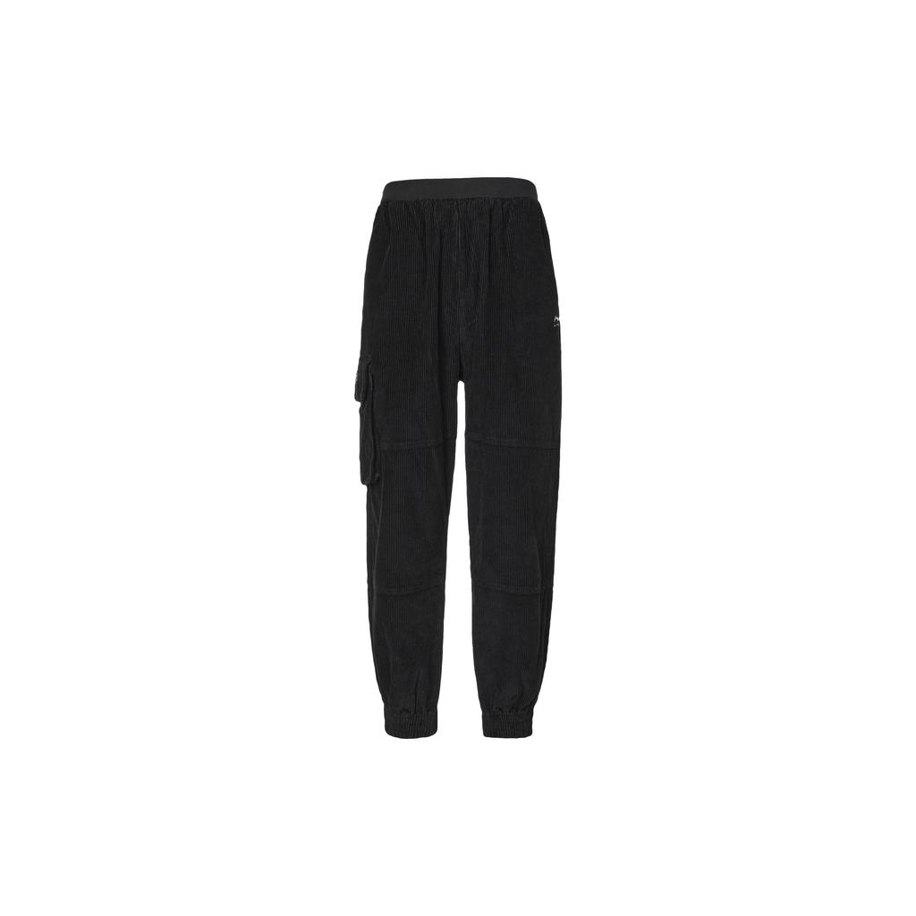 Li Ning Sports Fashion Series Corduroy Вышитый логотип Трикотажные длинные брюки с манжетами Мужские брюки черного цвета AKXQ487-2
