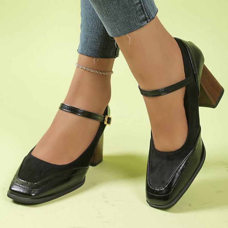 Модные дышащие туфли-лодочки с квадратным носком, женские, ретро, с регулируемой пряжкой на щиколотке, туфли на высоком каблуке, женские, однотонные, из искусственной замши, туфли-лодочки на каблуке Mejur