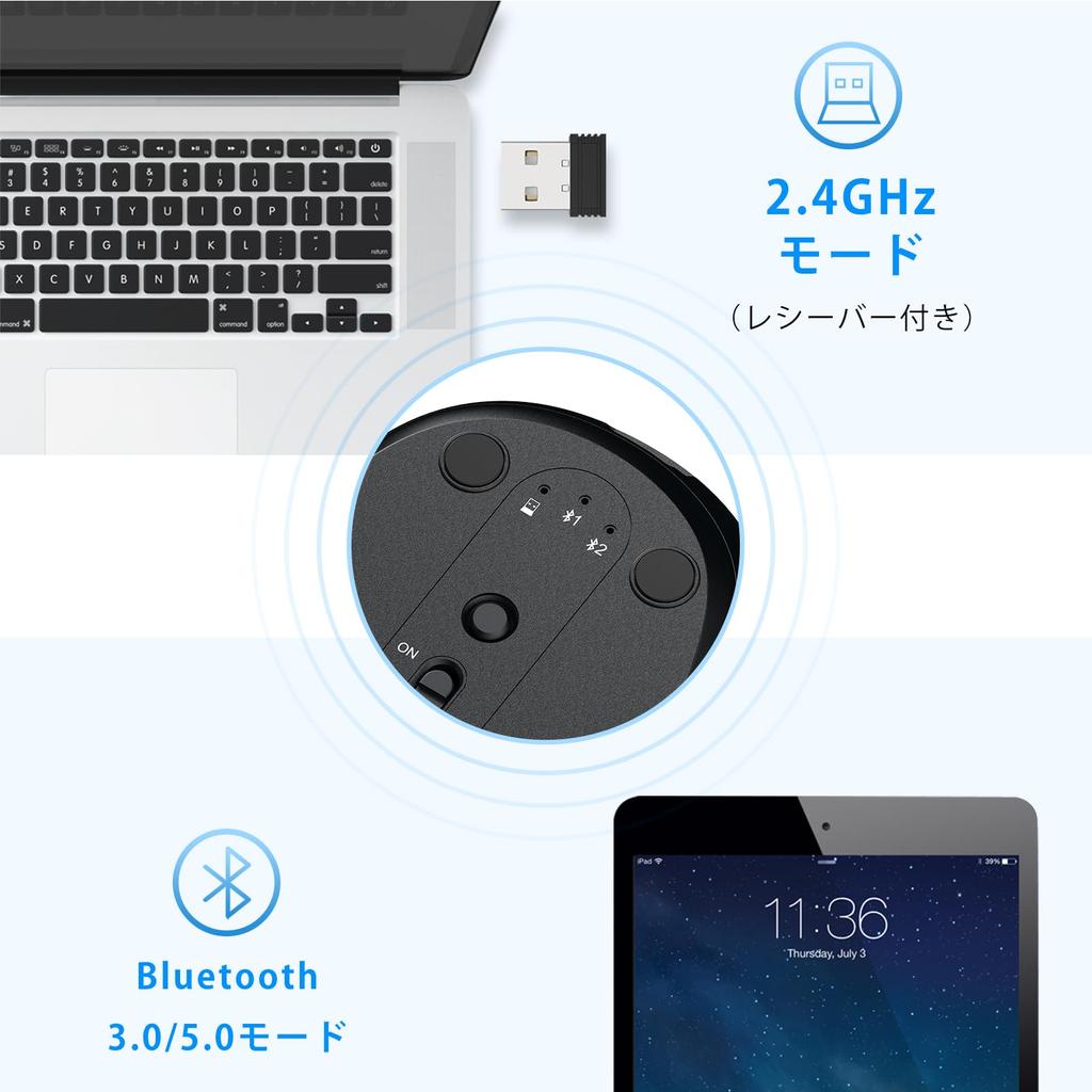 Беспроводная мышь iClever, двухрежимная беспроводная мышь Bluetooth, бесшумная мышь с 7 кнопками, разрешением DPI, возможностью одновременного подключения 3 устройств, совместимостью