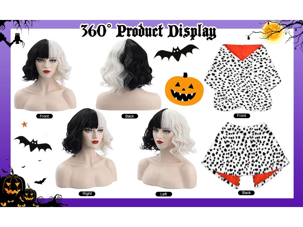 Cruella Dalmatian Costume Set: Halloween Witch Role Play with Black & White Scarf