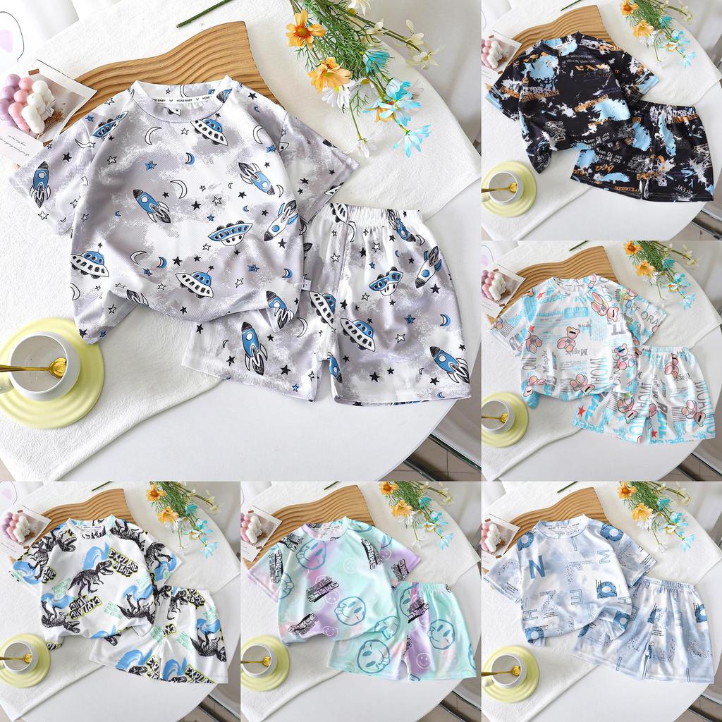 Cartoon Dinosaur Summer Boys Toddler Twopiece Set With Short Sleeve Top And Shorts