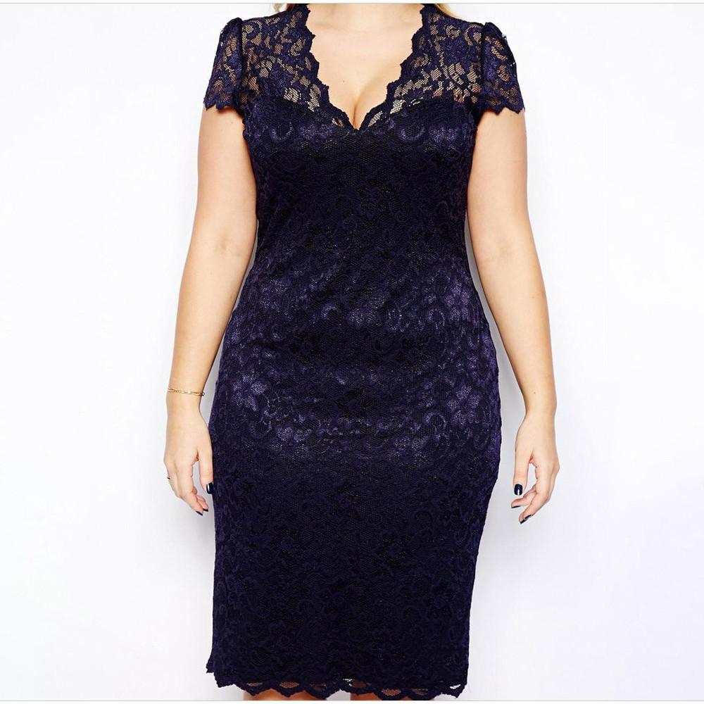 Plus Size Spring Sexy Lace Midi Dress V Neck Scalloped Lace Trim Slim Fit Bodycon Elegant Evening Party Cocktail Wedding Guest Dress