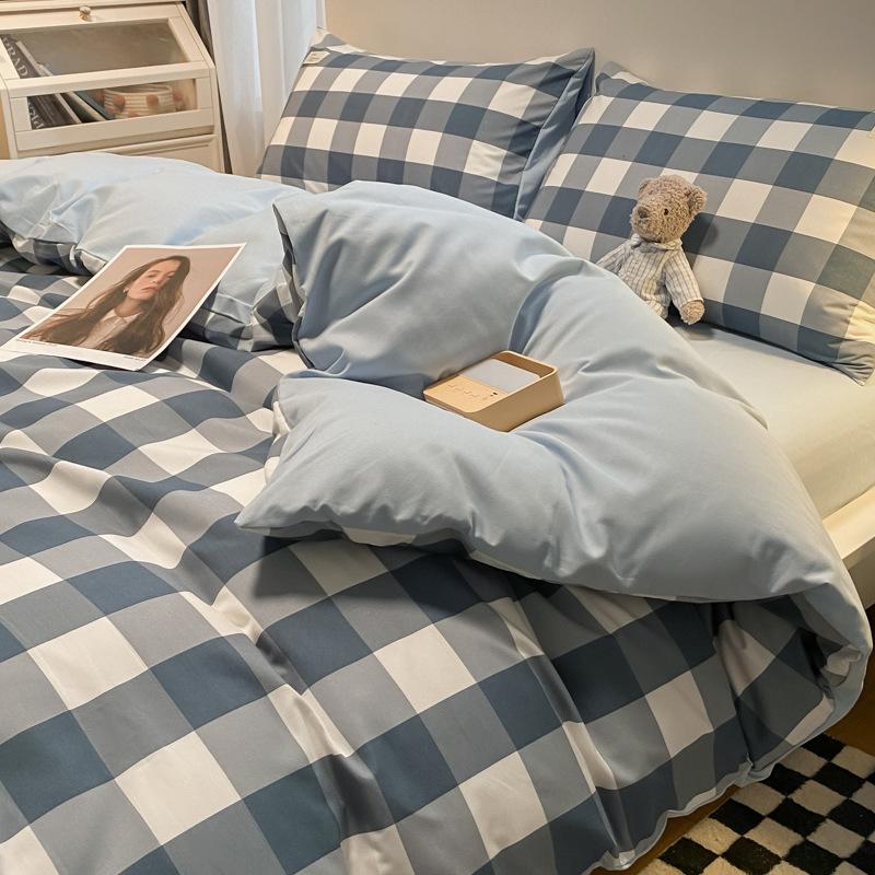 Простыня в клетку из четырех предметов и пододеяльник в японском стиле в скандинавском стиле, набор из трех предметов из стираного хлопка с начесом