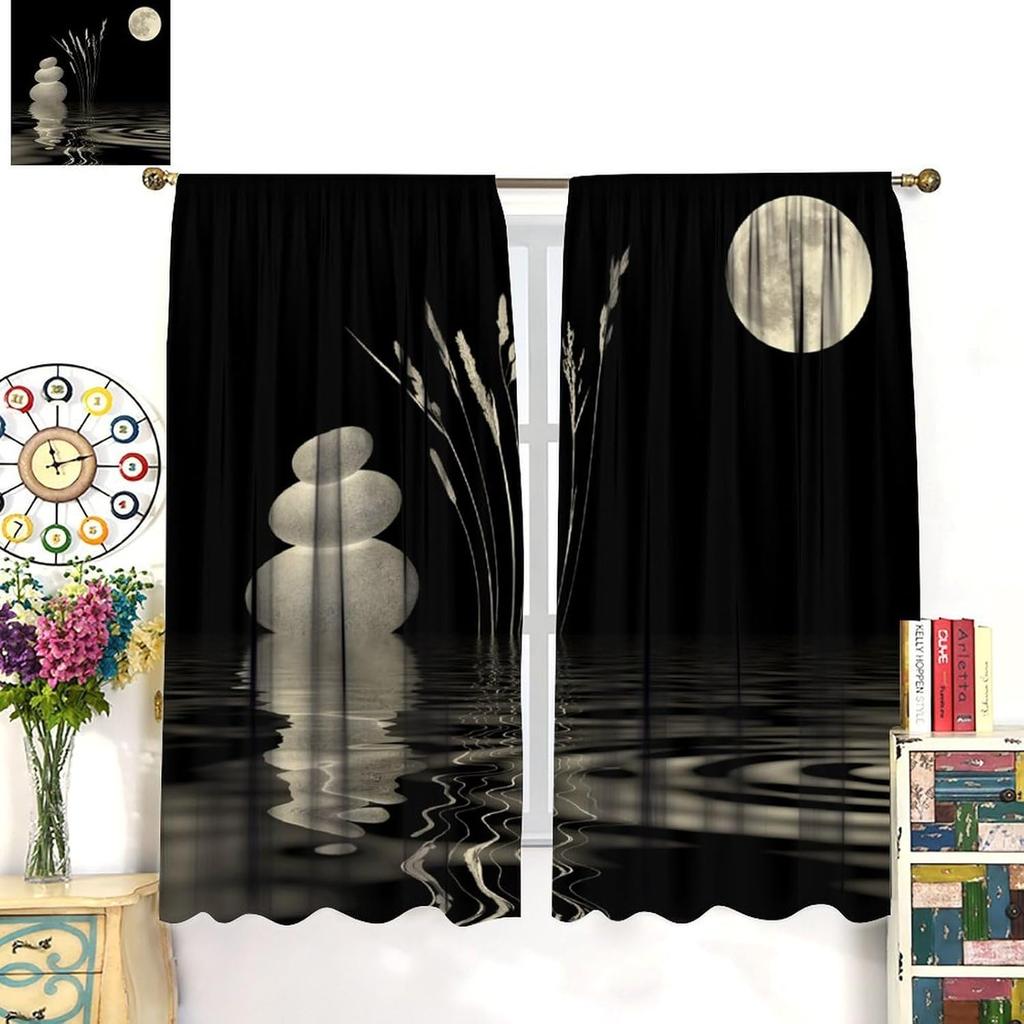 Garden Zen Stone Blackout Curtains Asian Japanese Spa Moon Black Zen Stone Theme Window Drapes for Bedroom Living Room 42" W X
