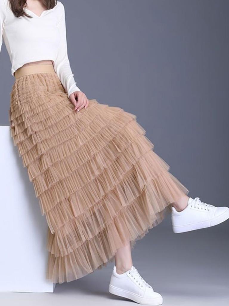 Эластичная талия Сетчатые длинные юбки для женщин Элегантные винтажные с высокой талией Пышная юбка из тюля Юбка-торт Женская одежда