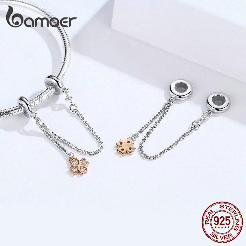 BAMOER 925 Stelring Silver Защитная цепочка Kitty Cat Четырехлистный клевер Подвеска подходит для оригинального браслета Ювелирные изделия