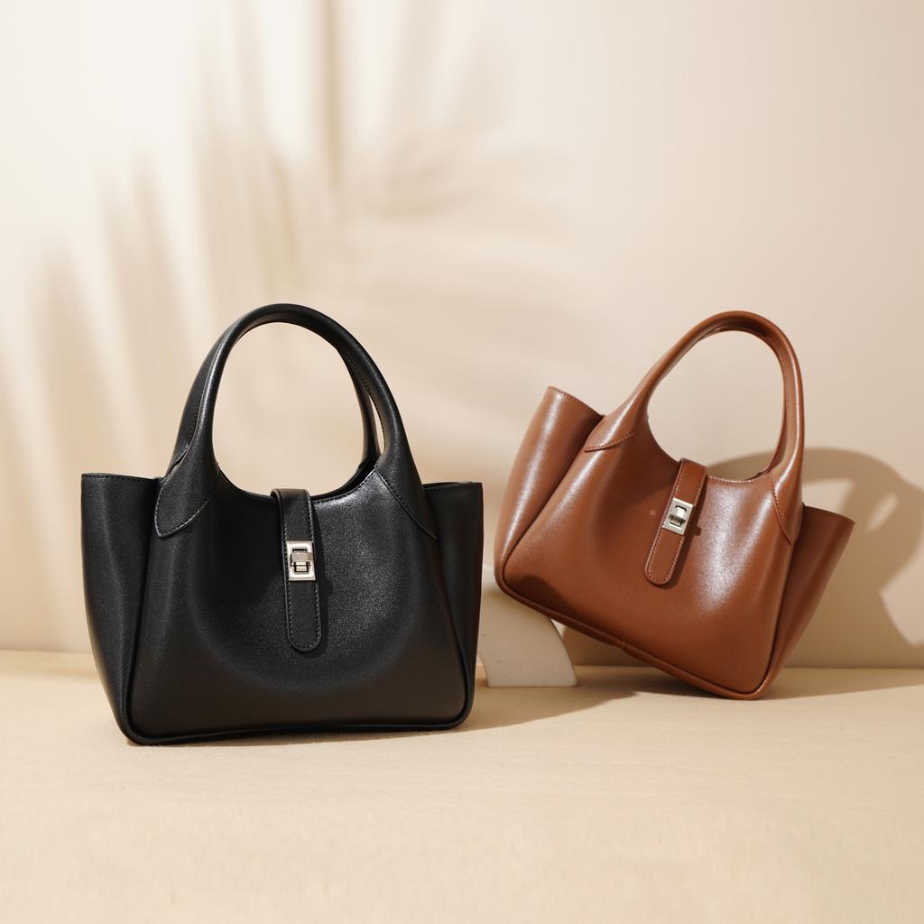 New hand-held cowhide vegetable basket genuine leather bag for women, simple design, elegant single-shoulder crossbody underarm bag