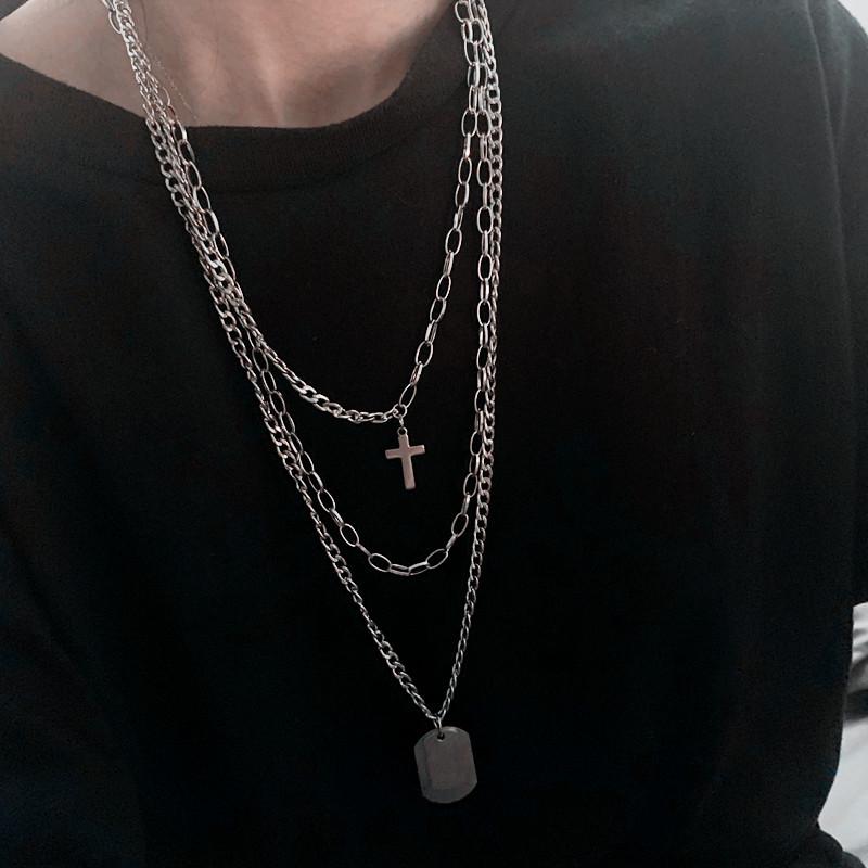 Multilayers Punk Chains Cross Necklace Couple Fashion Street Hip Hop Geometric Metal Pendant Necklaces for Women