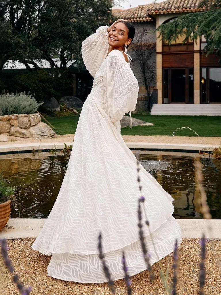 Женское вечернее платье с длинным рукавом из жаккарда с плиссированными рукавами-фонариками 8171, в европейско-американском стиле