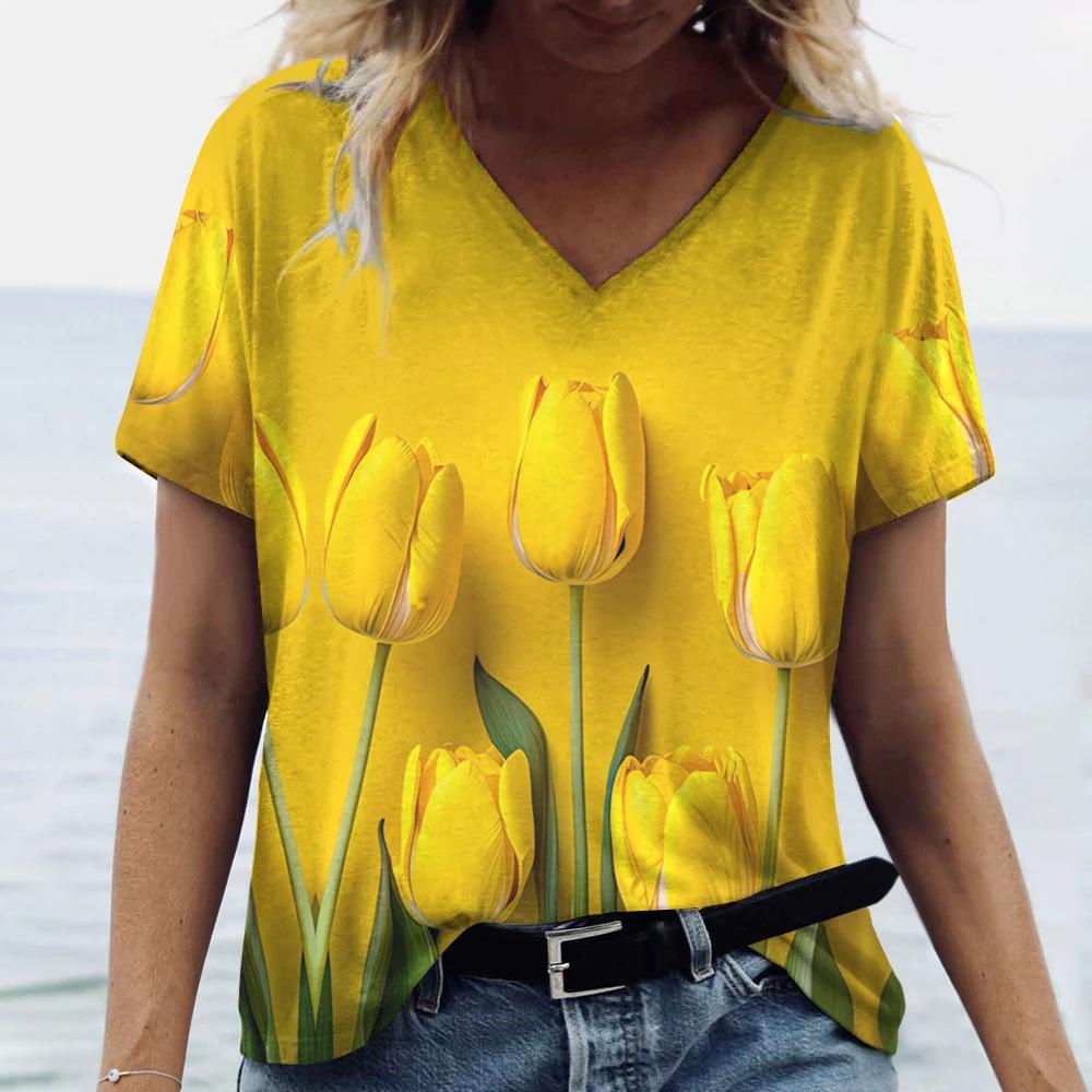 Beautiful Tulip Print 3D Printed Women's Artistic Style V-neck Short Sleeved T-shirt