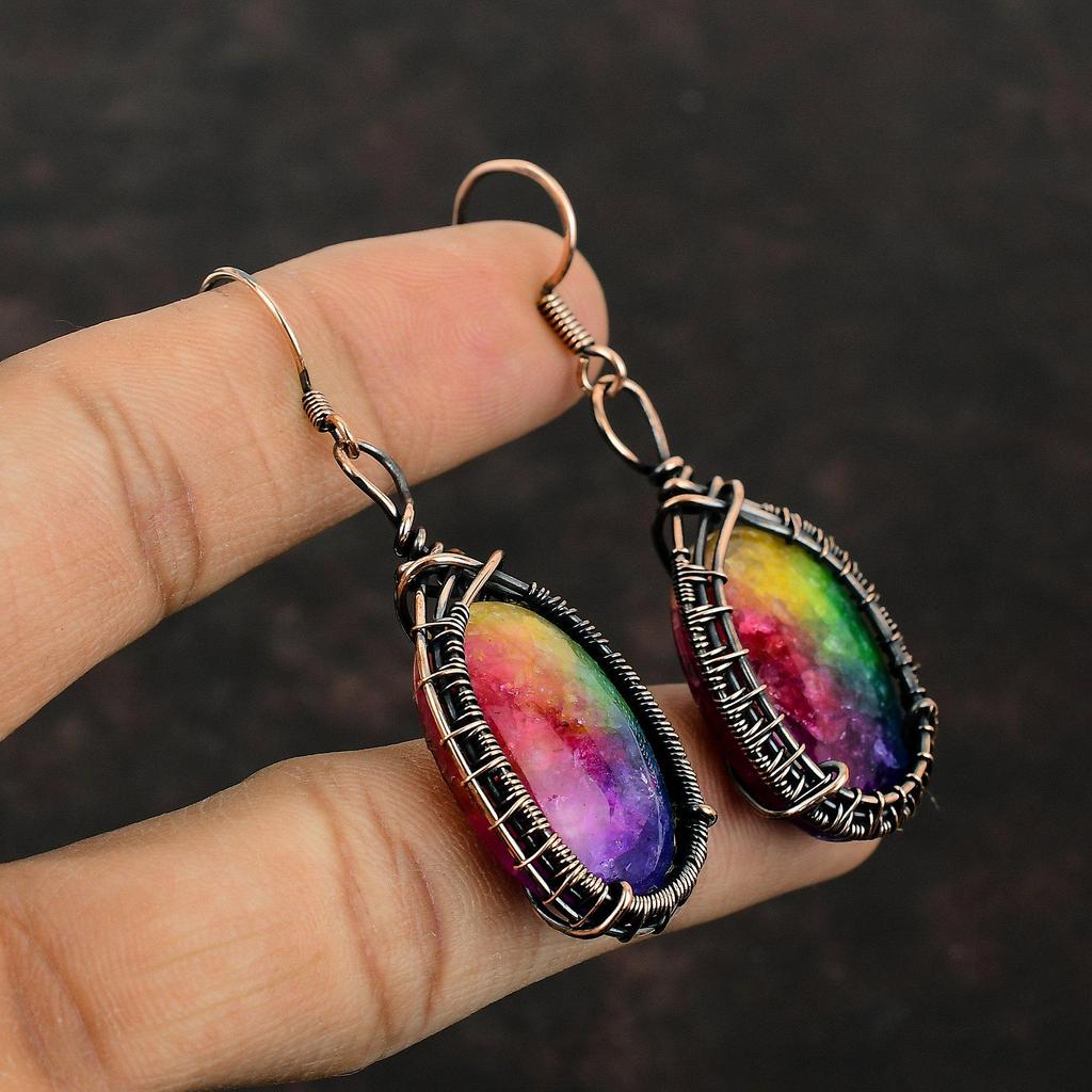 Радужные солнечные кварцевые серьги-друзы, серьги из медной проволоки, серьги ручной работы, ювелирные изделия из драгоценных камней, висячие серьги, медная проволока, ювелирные изделия, подарок для женщин