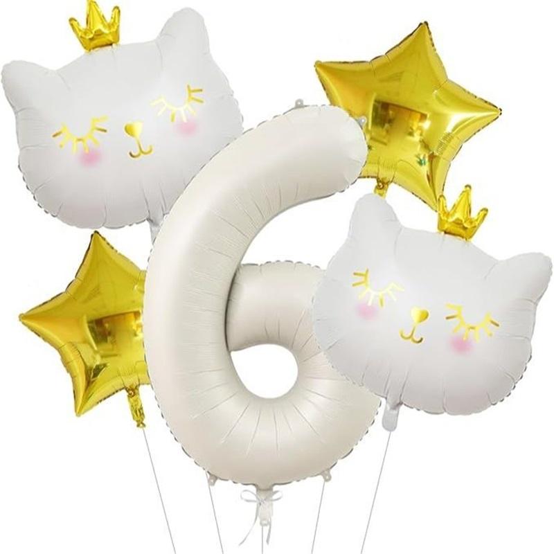 40-Inch Cream-Colored Digital White Crown Cat Balloon Set with Aluminum Foil for Children's Birthday Party Decorations