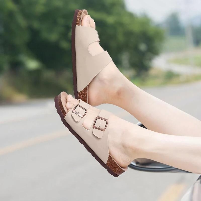 Модные женские шлепанцы Crestar Classic из пробки Модные шлепанцы с двумя пряжками для улицы, пляжные сандалии с пробковой стелькой, кожаные сандалии, унисекс клоги
