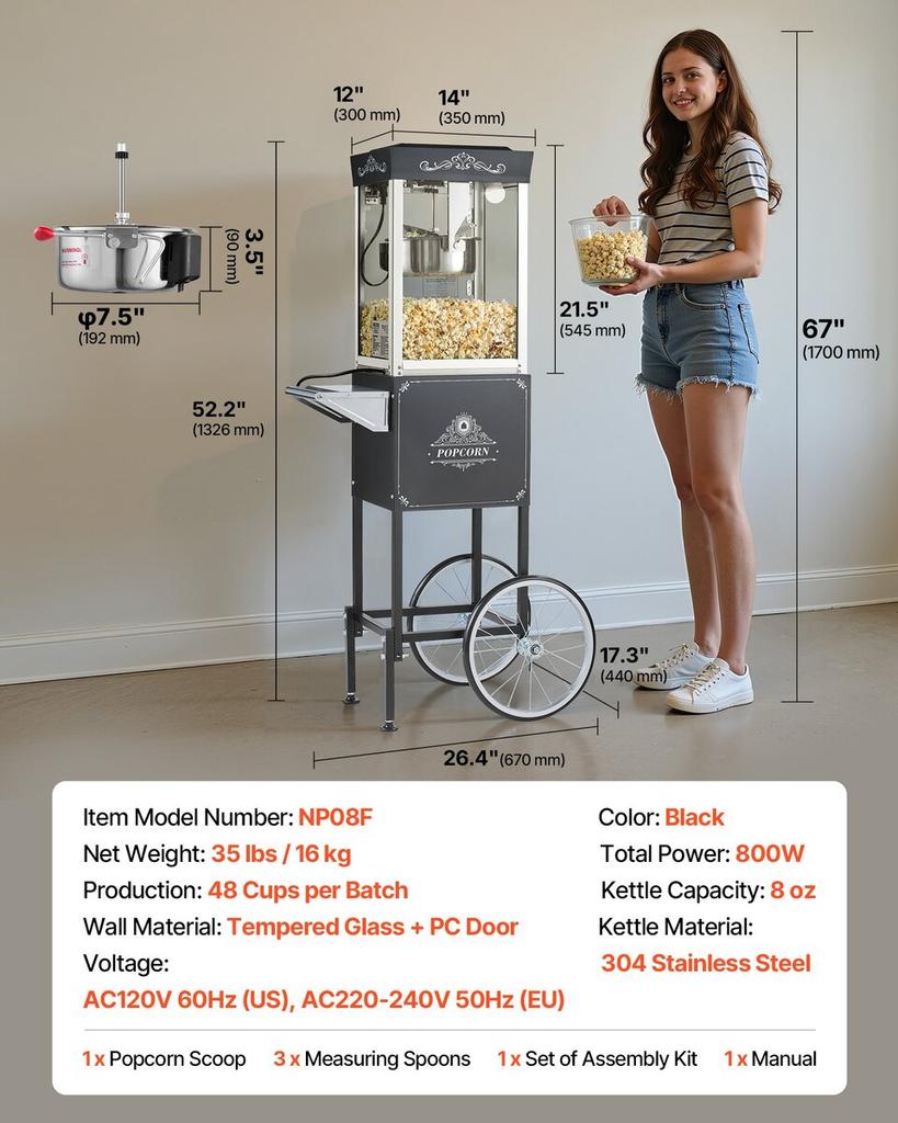 Popcorn Machine with Cart Popcorn Popper Maker 800W 0.2kg Kettle Black