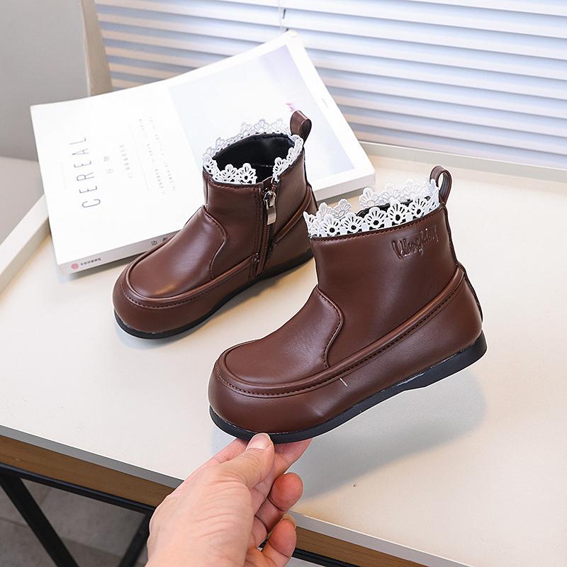 Детские ботильоны с оборками, милые, принцесса, черные, модные, универсальные, элегантные короткие кожаные ботинки, нескользящие