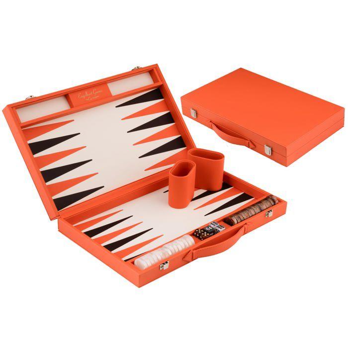 Backgammon de Luxe - ENGELHART - Prestige Similicuir Orange & Marron - 18" Grand Format - Mallette Rigide - Pions Marbrés