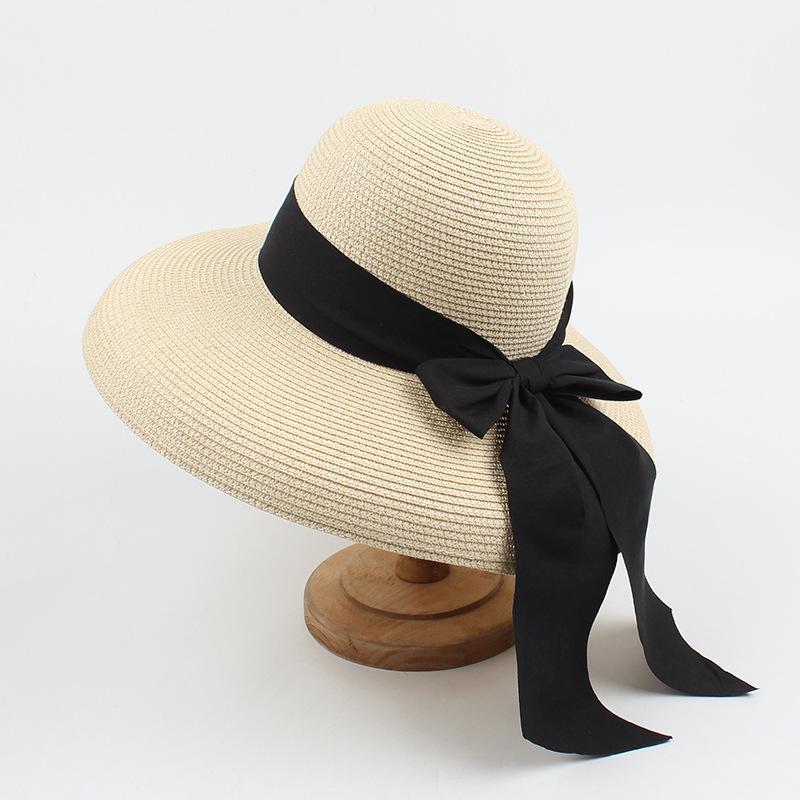 Straw hat women's summer retro fashion bow sunscreen visor seaside vacation foldable big eaves hat