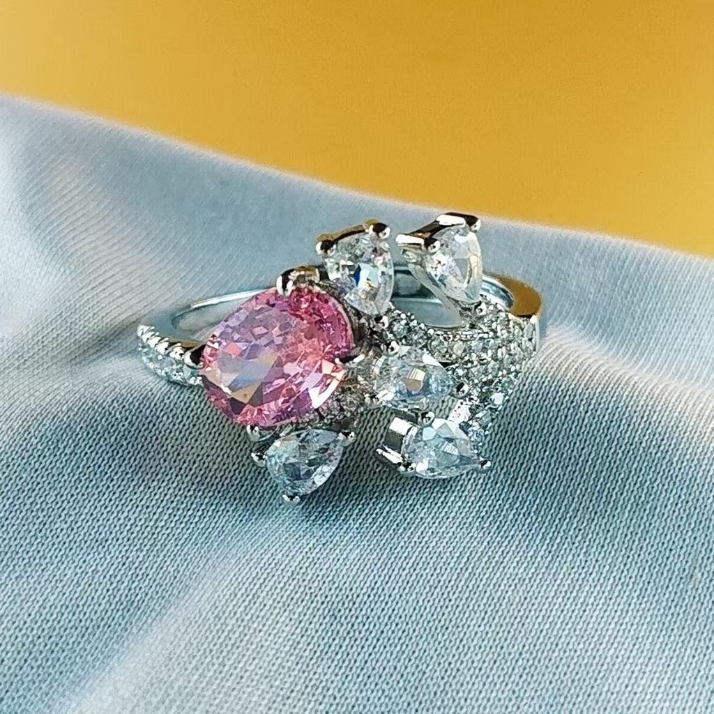 Super Flash Zircon Leaf Open Diamond Ring Female Design Sense Light Luxury Trendy Coconut Amethyst Ring