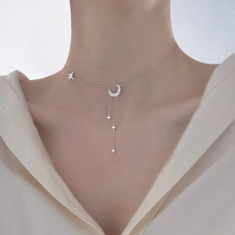 Серебряное ожерелье Su Chuang S925 с кисточкой в виде луны и звезды: Цепочка на ключицы в форме полумесяца, инкрустированная стразами, для женщин, дизайн в стиле легкой роскоши