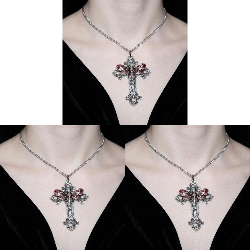 Gothic Cross Necklace With Death Head Moth Pendant For Gothic Jewelry And Party Wear