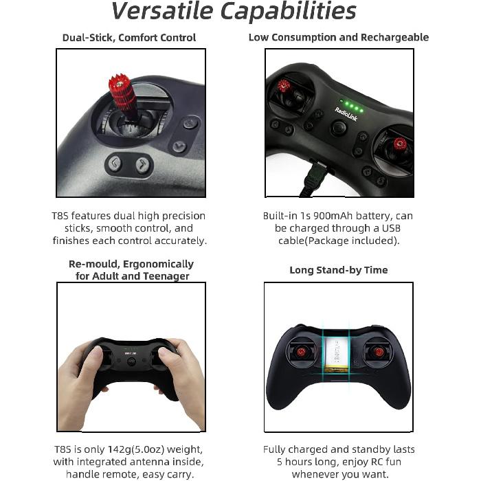 Radiolink T8S 8 Channels 2.4GHz RC Pocket Size Portable Transmitter and Receiver R8EF RX, Remote and Controller Built-in Rechargeable Battery for