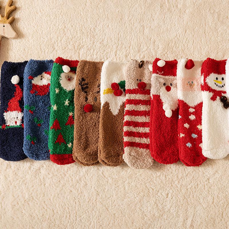 3D Cartoon Coral Fleece Christmas Socks for Adults & Kids, Half-Velvet with Acrylic Ball Design