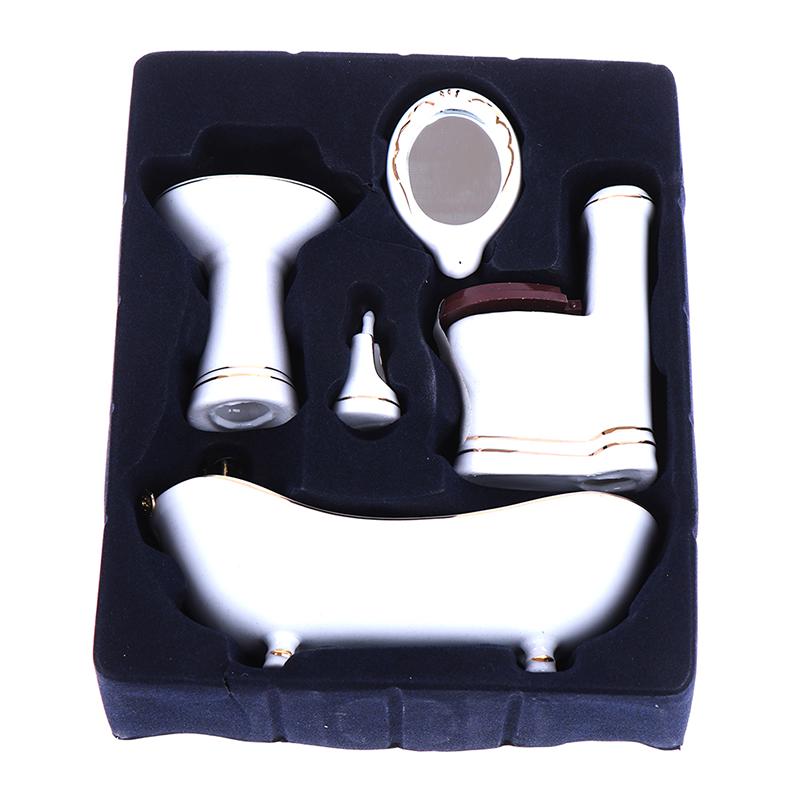 5Pcs 1:12 Dollhouse Miniature Porcelain Bathroom Set Toilet Basin Bathtub Mirror